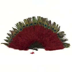 Wine Marabou Feather Fan with Peacock Tips