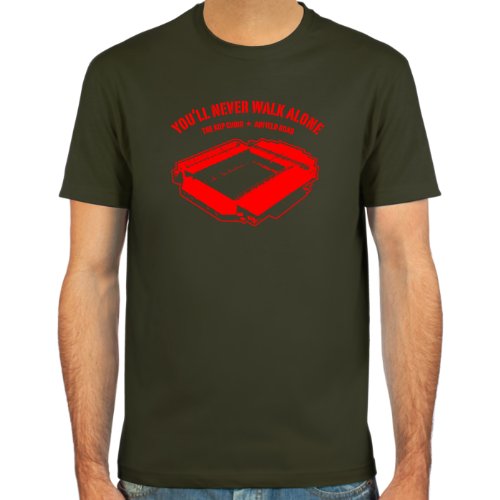 T-Shirt Anfield Road, Liverpool ::: Farbauswahl: schwarz, oliv oder navy ::: Größen: S-XL ::: Fußball-Kult
