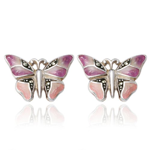 Sterling Silver Marcasite and Enamel Butterfly Post Earrings