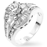 White Gold Rhodium Bonded Fashion Ring with Baguettes, Round, Marquise Cut Clear CZ Set in Silvertone