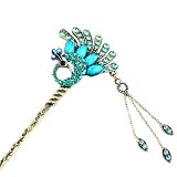 Czech Rhinestone Antique Brass Hair Stick Peacock with Tassels Blue