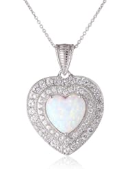 Sterling Silver Heart shape Created Opal Round Created White Sapphire Heart Pendant Necklace, 18"