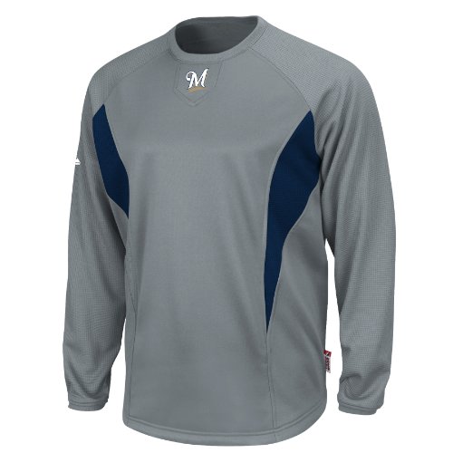 MLB Milwaukee Brewers Adult Long Sleeve Crew Tech Fleece Pllovr (Pro Granite/Pro Navy, X-Large)