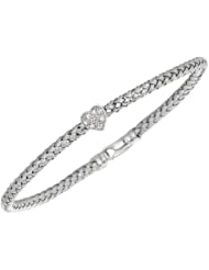 Silver Rhodium Plated Polish 7.25" 3.6mm Basketweave Bangle With .01Ct Diamond Heart And Fancy Lobster Clasp