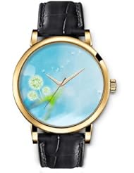 SPRAWL Aanalog Fashion Series Gold Ladies Watches of Genuine Black Leather Strap,Unique Wrist Watch for Women Girls Designed with Dandelion