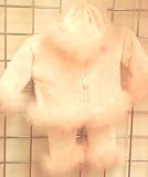 Hand Knitted Crochet Finished Baby Pink Chenille Cardigan Pant Hat Set Trimmed with Light Pink Marabou