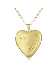 Yellow Gold Vermeil Heart Shaped "Believe" Engraved 0.01 Diamond Locket Pendant Necklace For Women