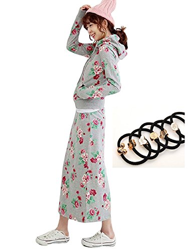 No brand【花柄カジュアル パーカー＆スカート セットアップ +  ヘアゴム３本ランダム/３品入り】レディース カジュアル パーカー