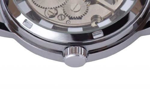 Ouyawei Unique Men's Round Hollow White Dial Silver Shell Black Leather Band Mechanical Skeleton Watches