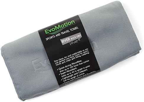 EvoMotion Premium Microfiber Travel &amp; Sports Towel with Hang Loop - Compact, Quick Dry, Super Absorbent Lightweight - Best for Camping Bath Hair Yoga Gym Golf Workout, Medium, River Rock Grey