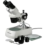 AmScope SE305R-PZ Forward Binocular Stereo Microscope, WF10x and WF20x Eyepieces, 10X-60X Magnification, 1X and 3X Objectives, Upper and Lower Halogen Light Source, Pillar Stand, 120V