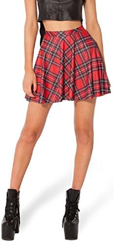 Longyang Women Check Skirts Kilt Falared Pleated Skater Miniskirt Dress Red L