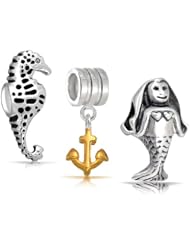 Bling Jewelry 925 Silver Nautical Anchor Sea Horse Mermaid Bead Set Fits Pandora