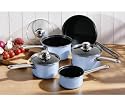 5PC STRAIGHT BABY BLUE PAN SET W/CHROME HANDLE & GLASS LIDS