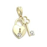 14K Gold Pendant Key & Heart Cubic Zirconia Yellow Gold Charm, 0.75