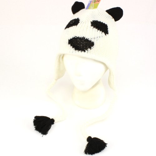 Winter Panda Bear Animal Knit Trapper Trooper Fleece Ski Hat White