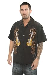 Rock House Musical Notes Guitar Black Button Front Shirt