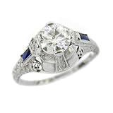 18K White Gold Antique Diamond and Sapphire Engagement Ring, circa 1910s