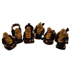 Set of 6 Imitation Redwood (Resin) Buddhas - With Gold Colored Paint