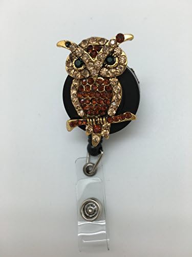 Owl Topaz Bling ID Badge Holder - Retractable ID Badge Holder and ID Name Tag. Badge Reel Clip On with Spring Pinch Clip For Name Badges &amp; Badge Labels