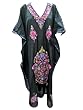 Gypsy Boho Dress Black Crewel Floral Embroidered Resort Wear Kaftan Dresses