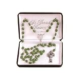 St. Patrick Rosary with Green Glass Shamrock Beads and Silver-Plated Celtic Cross