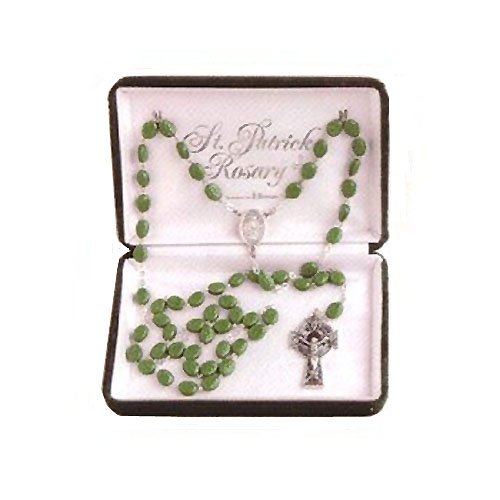 St. Patrick Rosary with Green Glass Shamrock Beads and Silver-Plated Celtic Cross