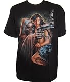 Spiral Clothing Grim Reaper & Sexy Bond Style Girl Double Sided Print T-shirt Color : Black Size: Large 42"/44" chest