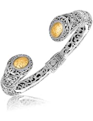 18K Yellow Gold and Sterling Silver Tapered Hinge Baroque Filigree Open Bangle