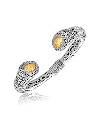 18K Yellow Gold and Sterling Silver Tapered Hinge Baroque Filigree Open Bangle