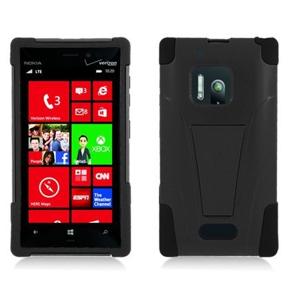 Nokia Lumia 928 [Verizon] Hybrid Double Layer Heavy Duty Armor Case w/ Built-in Kickstand (Black / Black)