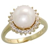 10k Gold Cluster Ring, w/ Brilliant Cut White Sapphire Stones & 9.5mm White Pearl, 1/2' wide