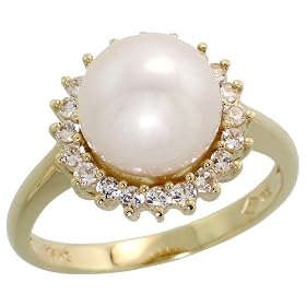 10k Gold Cluster Ring, w/ Brilliant Cut White Sapphire Stones & 9.5mm White Pearl, 1/2