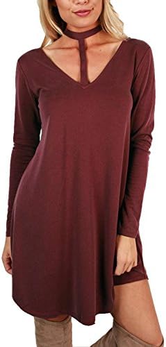 ZhengYuan Women's Sexy Long Sleeve Halter Casual Dress (Medium, Wine Red)