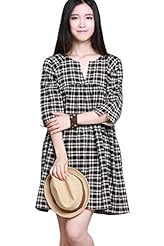 Plus Size Cotton/Linen Elbow Length Sleeves Plaid Print  Dress