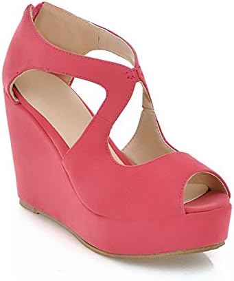 QueenFam Womens Open Peep Toe High Heel Platform Wedge PU Soft Material Solid Pumps with Zipper, Watermelonred, 41