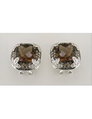 14K White Gold 12.03cttw Round Diamond and Octagon Smoky Topaz Earrings