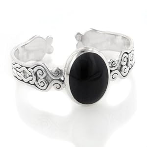 Medieval Celtic Knot and Black Onyx Scrollwork Sturdy 49gr Cuff Bracelet by Silver Insanity