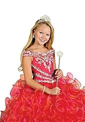 Girls Organza  Off the Shoulder Floor Length Lace Crystal  Ball Gown Pageant Dress 
