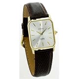 Geneve Mens Watch Solid 14 Karat Gold Watch with Brown Leather Strap Model GE-2279-SSBL