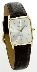 GENEVE Men's Solid 14 Karat Gold Watch with Brown Leather Strap. Model: GE-2279-SSBL