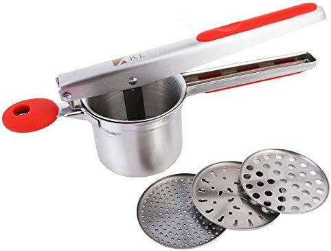 Potato Ricer and Masher with 3 Ricing Discs - Professional 304 Stainless Steel Kitchen Press Tool - Perfect Smooth Potatoes with No Lumps - Easy Baby Food Strainer - Ergonomic Silicone Grip Handle