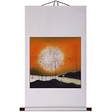 Hand-Painted 36" Oriental Wall Art Scroll - Lakeside Sunset Landscape With Cream Border