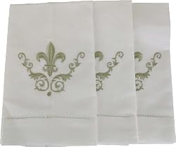 Hemstitched Fleur de Lis Fingertip Guest Towel Silver embroidery 14 by 22 inches