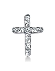 14K White Gold Round Diamond Bezel Set Milgrain Antique Cross Pendant (0.39ct)