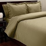 IMAGE OF Homespell Egyptian Cotton 1200 Thread Count Sateen Stripe 4 Pc Duvet Cover with White Comforter Set - Olive Full/queen.