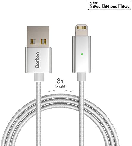 Dorten Apple MFi Certified 2.4A Braided Wire LED Indicator Metal Lightning to USB Cable, 3 Feet - Silver