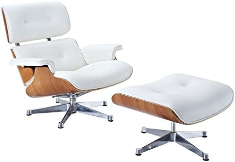 Eaze Lounge Chair in White Leather and Natural Wood with Silver Base