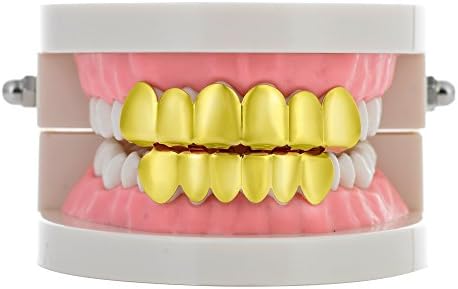 New Custom Fit 14k Gold Plated Hip Hop Teeth Grillz Caps Top &amp; Bottom Grill Set