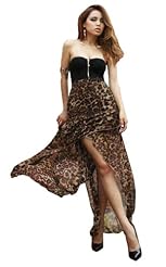 Sexy Strapless  Backless High-Low-Hem Leopard Print Chiffon Sleeveless  Dress With Ruffles